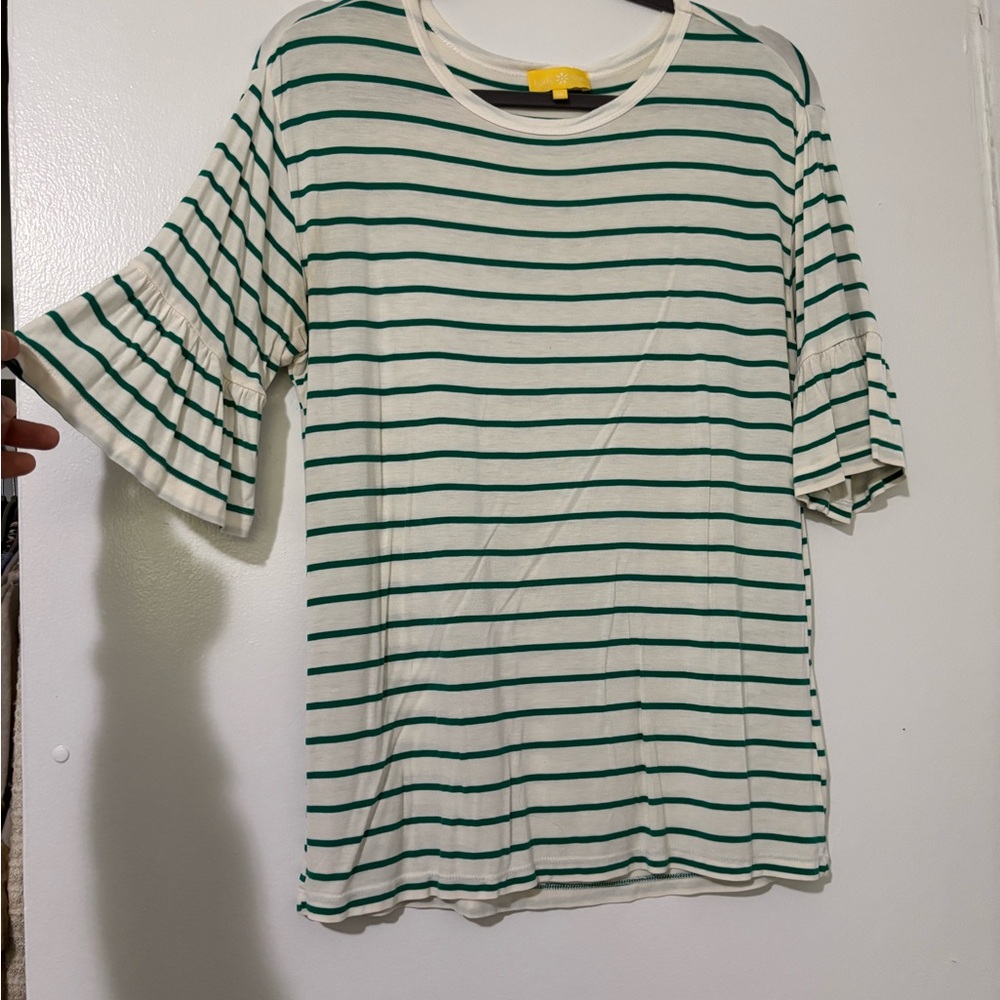 Green and White Ruffled Bell Sleeve Tee